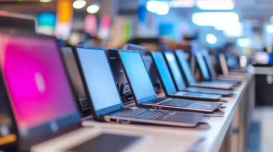 Gaming laptop open on counter during evaluation at PayMore Kennesaw