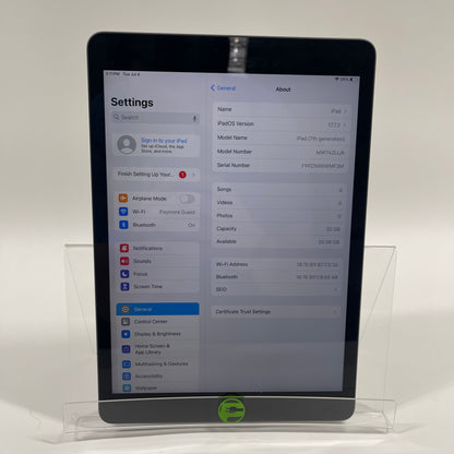 WiFi Only Apple iPad 7th Gen 32GB 17.7.2 SPACE GRAY MW742LL/A